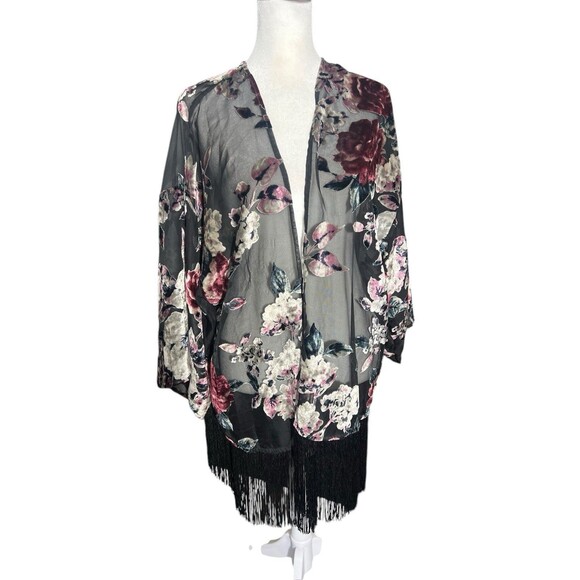 Flying Tomato Sweaters - Flying Tomato Floral Velvet Cardigan Fringe Kimono Sz M/L